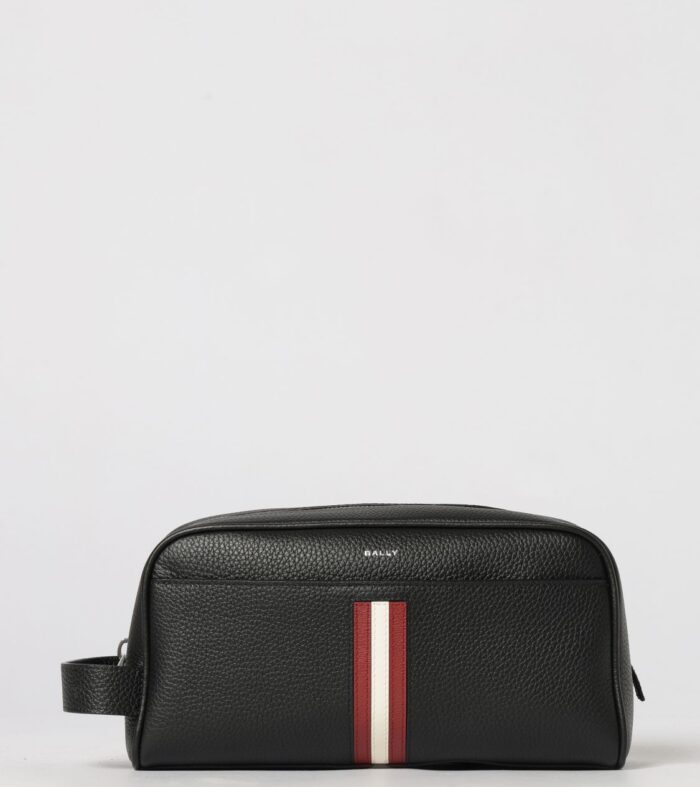 Bally Grained Calf Leather Wash Bag with Bicolour Stripe and Side Handle
