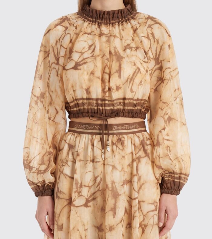 Zimmermann Cropped Abstract-Print Ramie Blouse with Ruffled High Neck