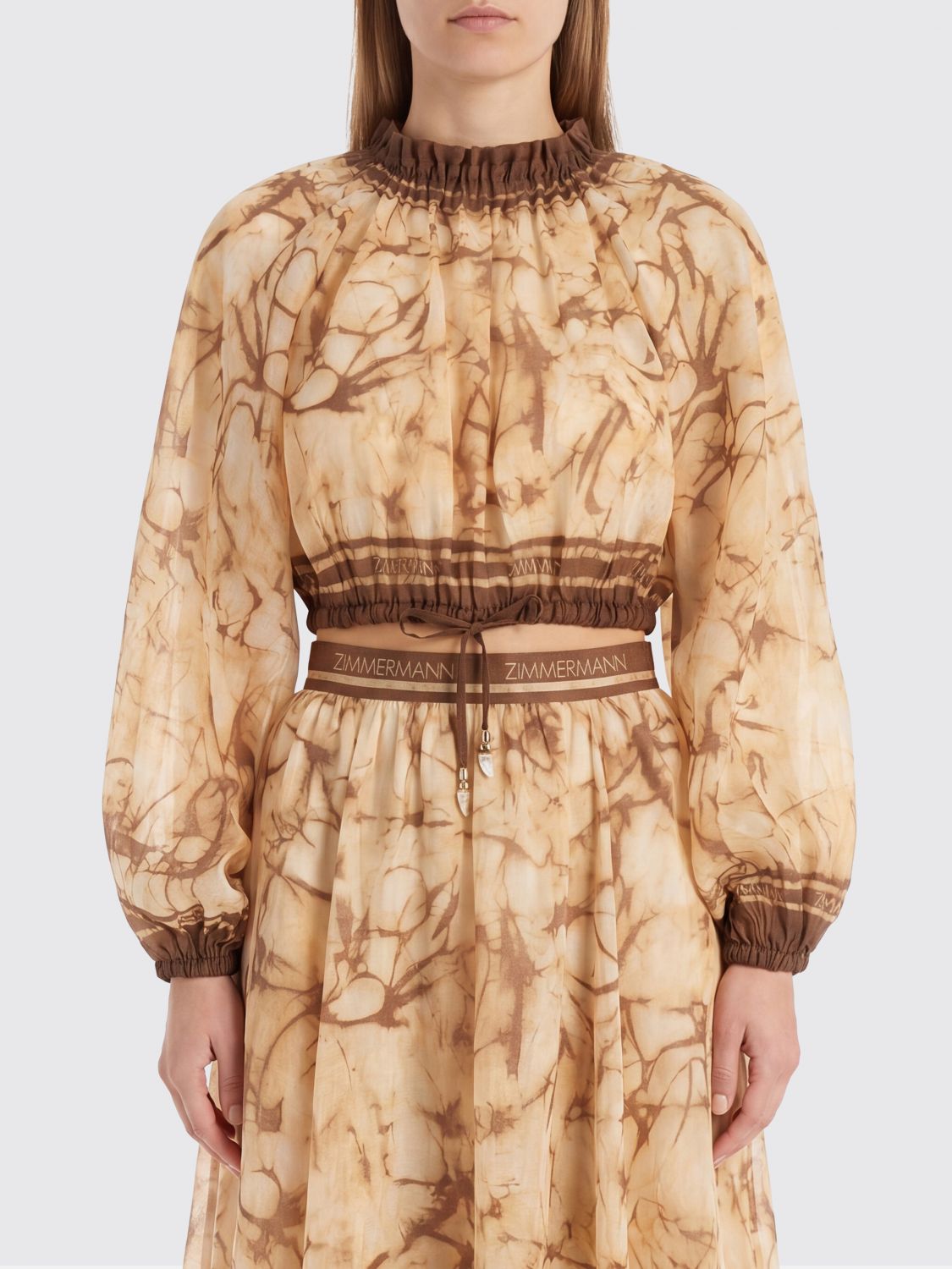 ZIMMERMANN Cropped Abstract-Print Ramie Blouse with Ruffled High Neck
